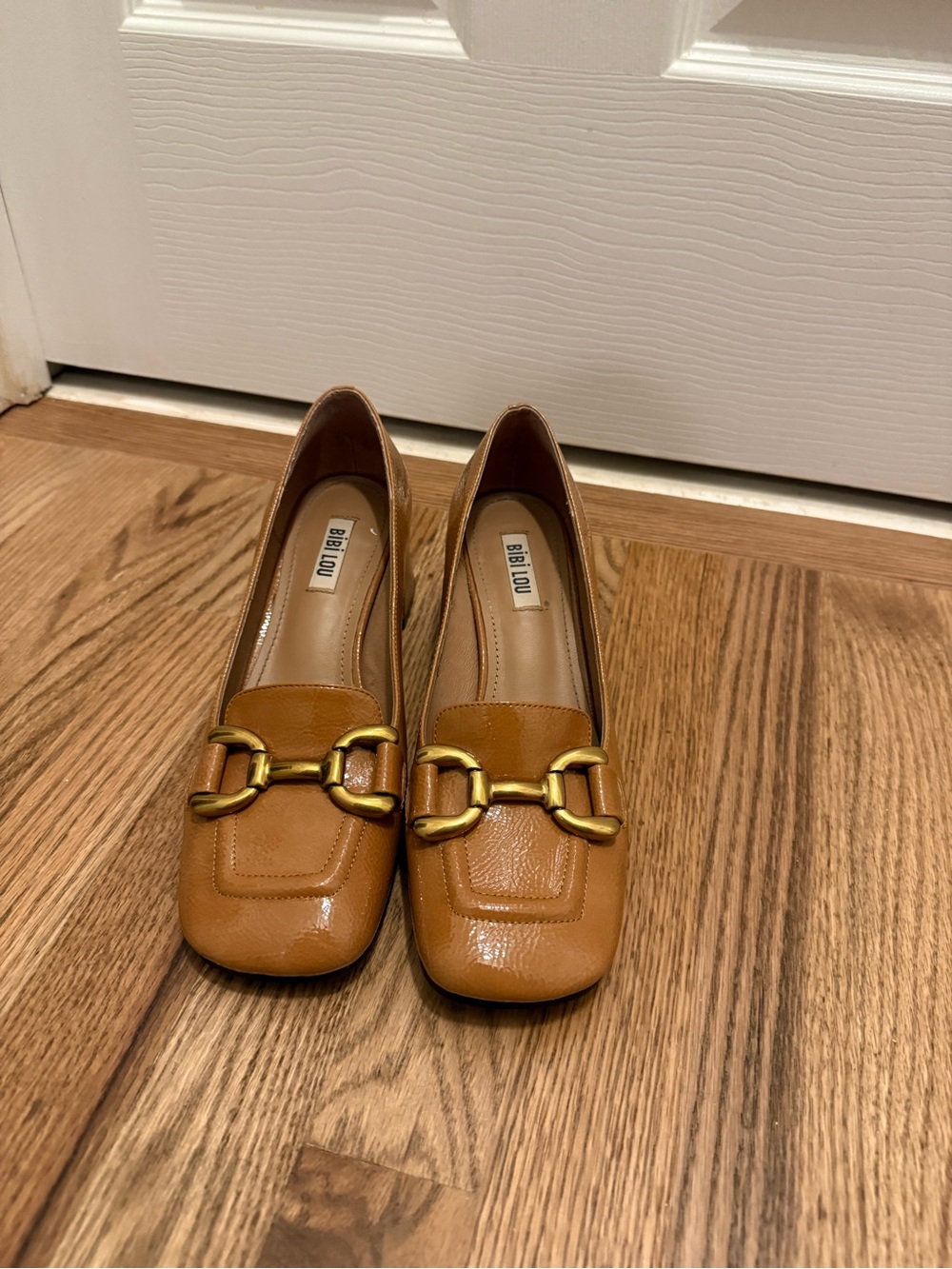 Bibi Lou Tan Leather Heeled Loafers with Gold Hardware